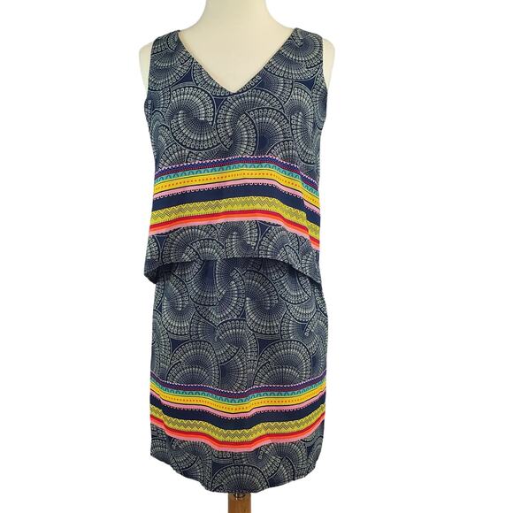 Renee C Layer Tiered Sleeveless Dress S Boho Geometric Rainbow Stripe Print NWT - Picture 3 of 14